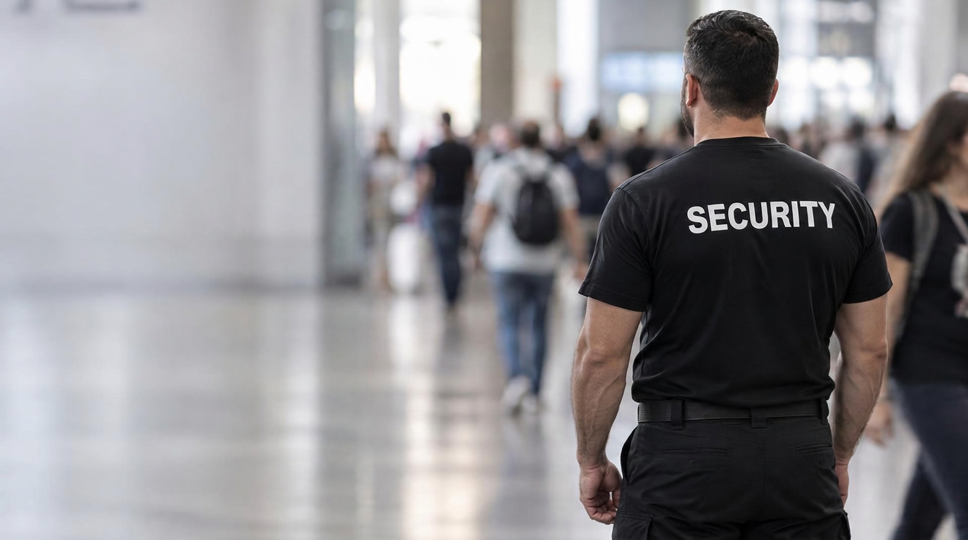 SIA-licensed security officer seen from behind, watching a busy crowd